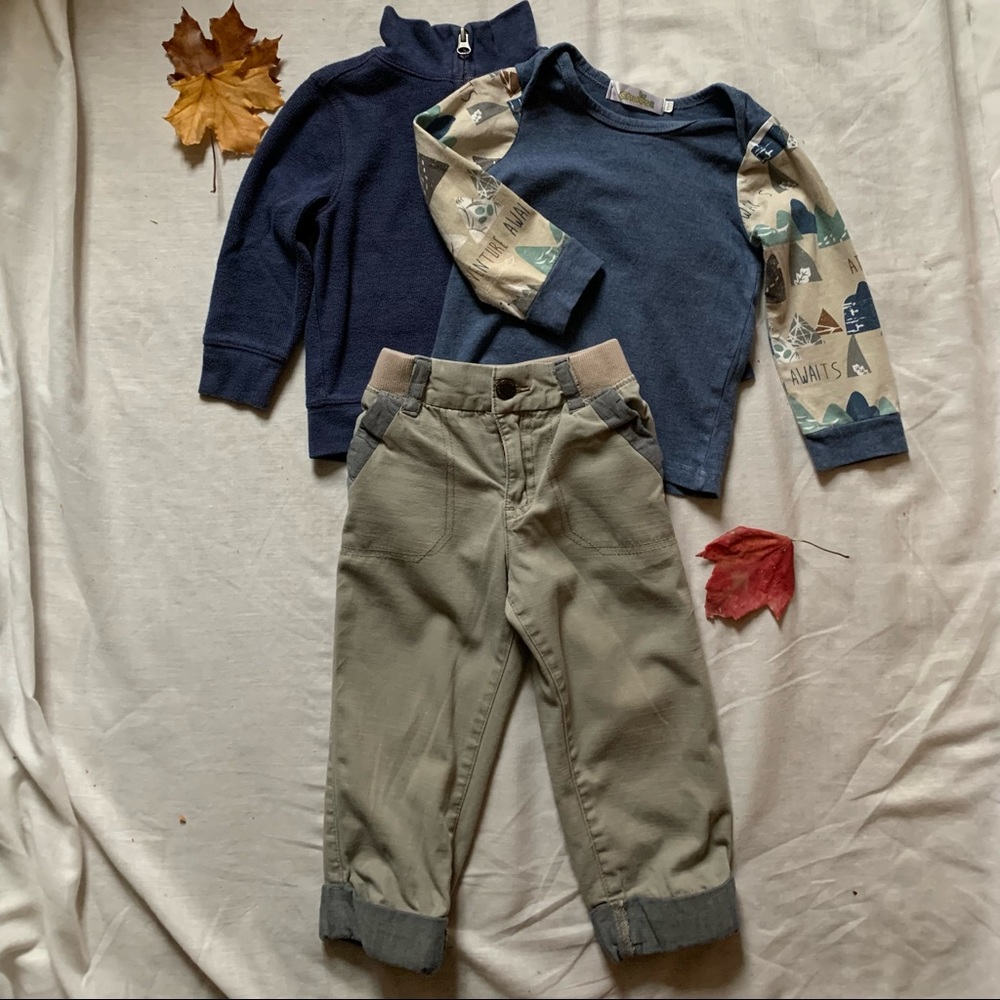 Genuine Kids by Oshkosh comfy khaki pant set with two navy shirts - 2T boys